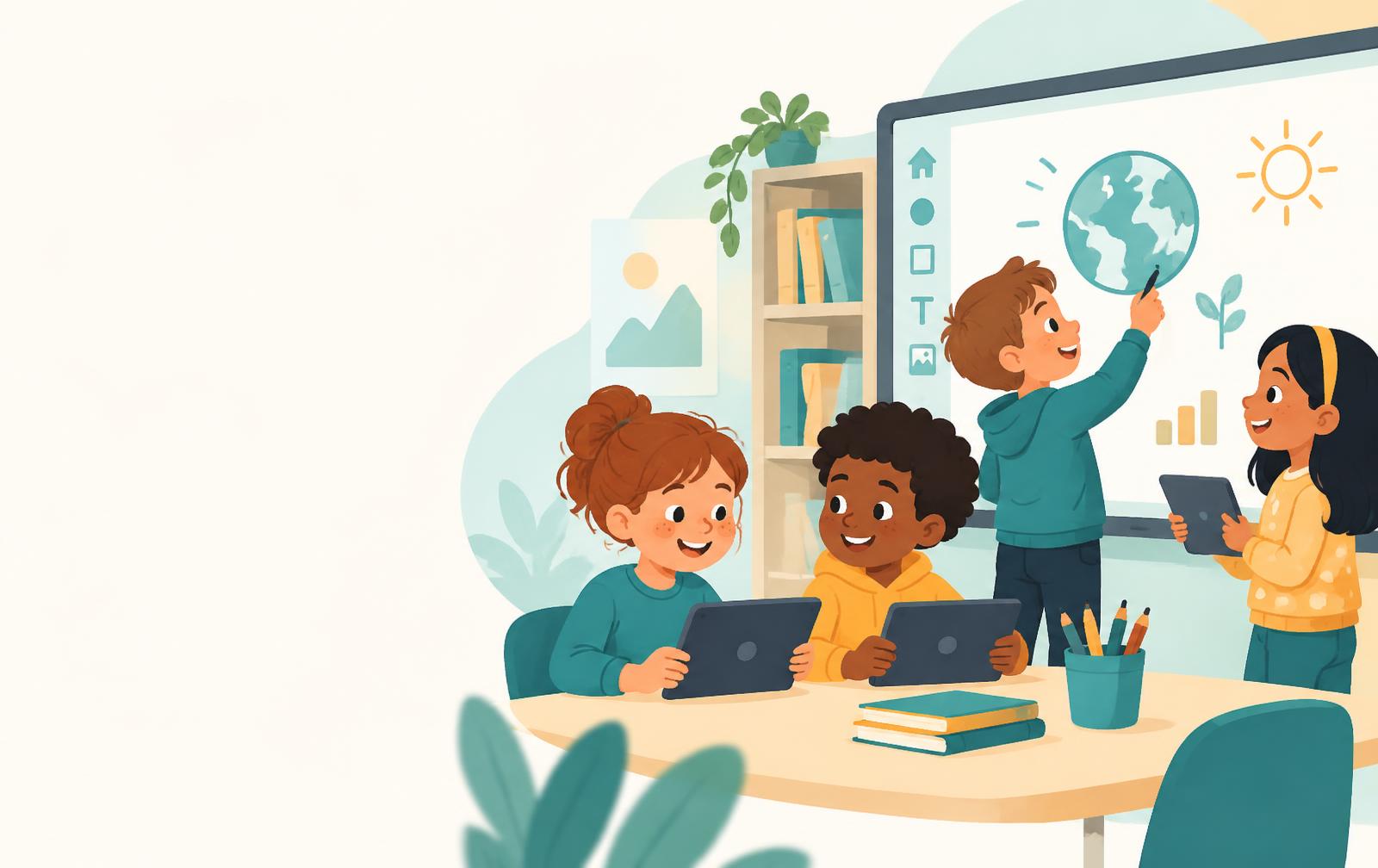 Kinderen werken met tablets en een digibord in de klas
